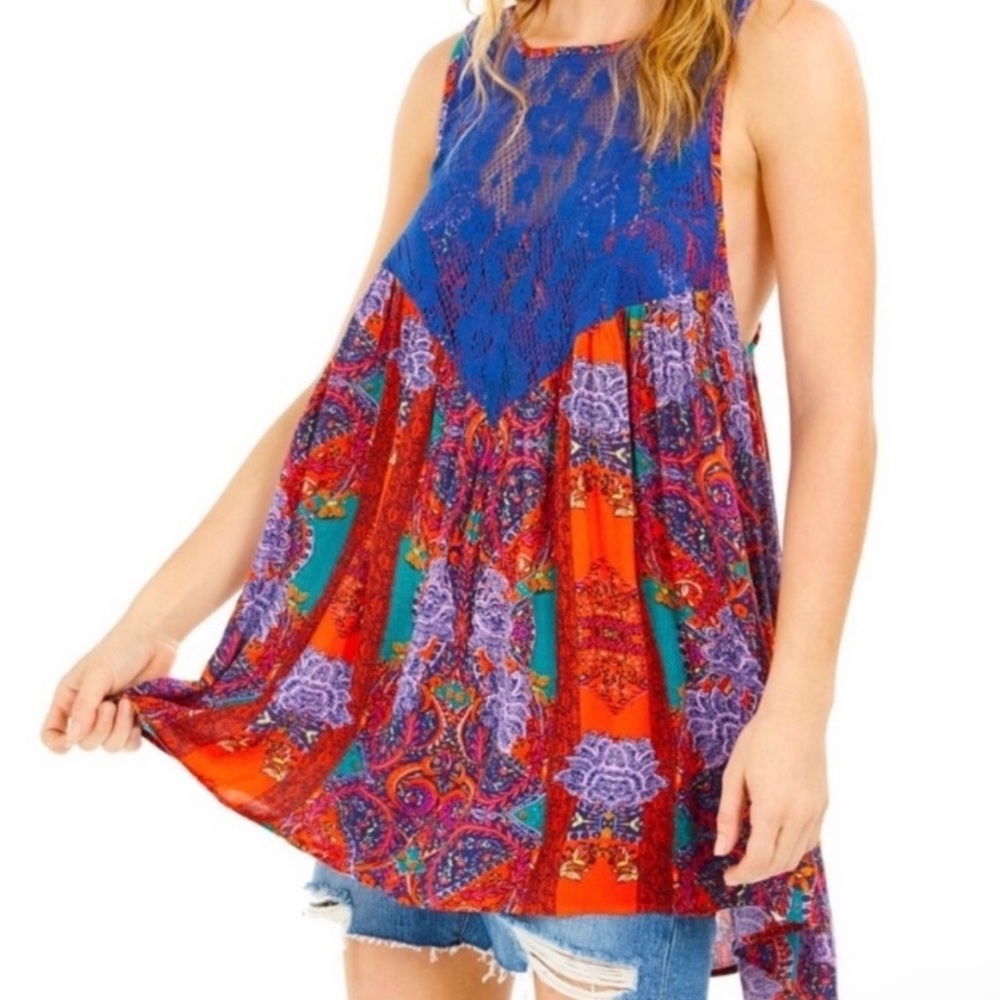 NWT Free People “Count Me In” Trapeze Top Blouse Dress Tunic XS “Hot Red Combo”